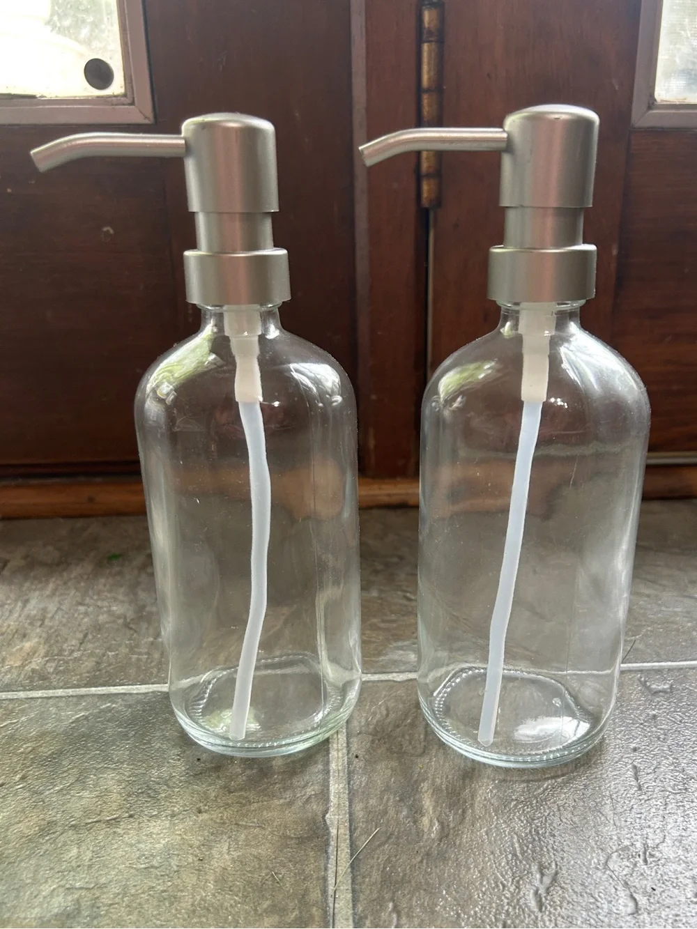 Clear Glass Soap Dispenser Bottles with Silver Pumps - Set of 2